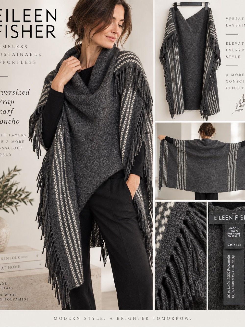 Eileen Fisher Wool Blend Oversized Poncho Wrap Scarf Fringe Italy OS